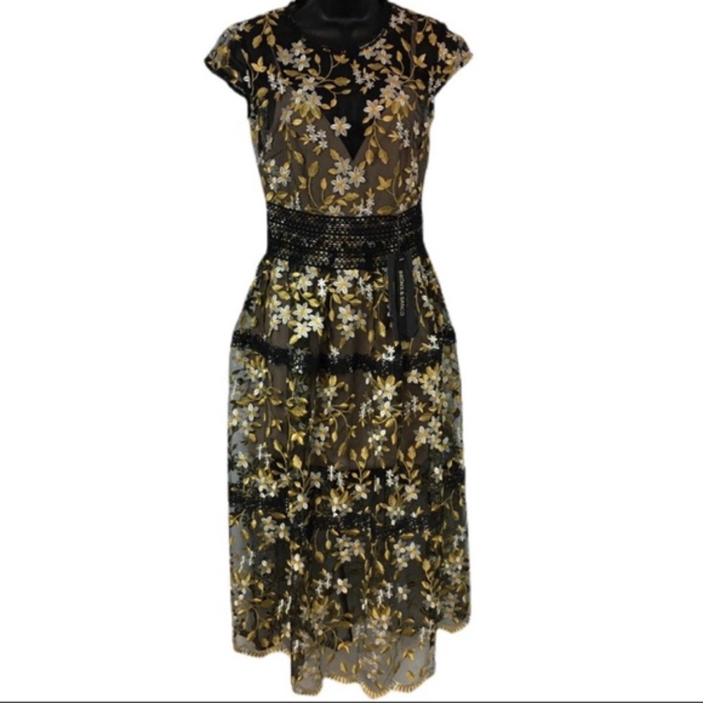 New Bronx And Banco Saba Embroidered Gloria Midi Black Gold Lae Dress S size